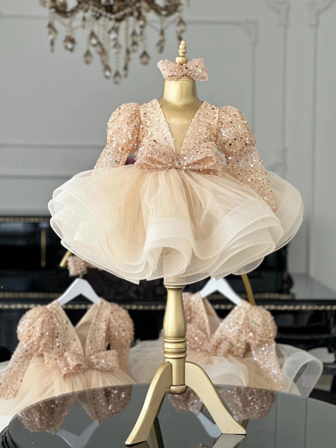 3m / Champagne Sunnypetal Champagne Sparkling Sequin Knee-Length Tulle Dress for Toddler Girls