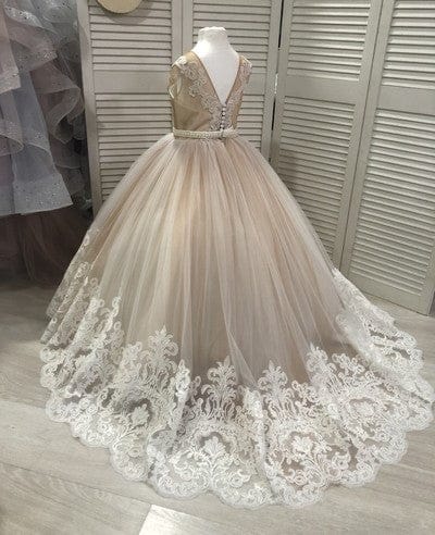 3m / Champagne Sunnypetal Elegant Lace Ball Gown Flower Girl Dress Communion Dress with Beaded Waist