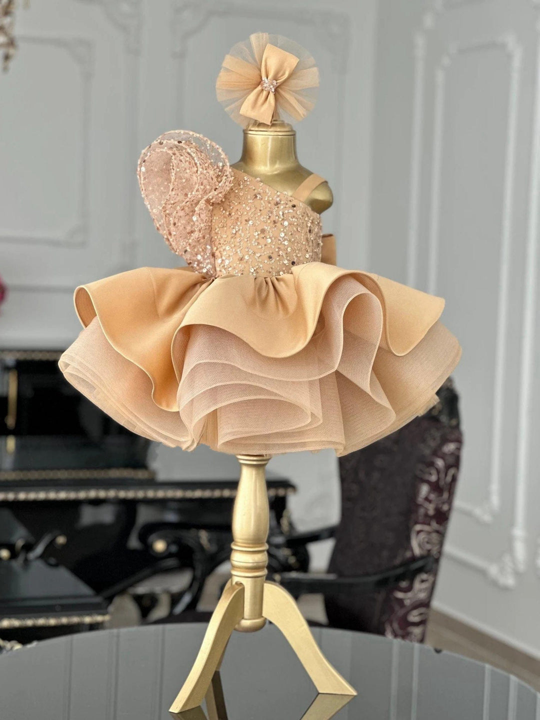 3m / Champagne Sunnypetal Luxury Champagne Ruffled Tulle Flower Girl Dress for Special Occasion