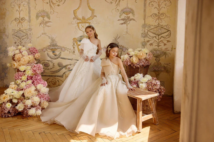 3m / Champagne Sunnypetal One-Shoulder Bow Communion Dress with Sleeves and Sparkling Beads