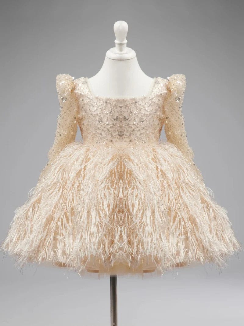3m / Champagne Sunnypetal Shiny Sequins Tulle Feathers Knee-Length Toddler Girl Birthday Pageant Dance Dress