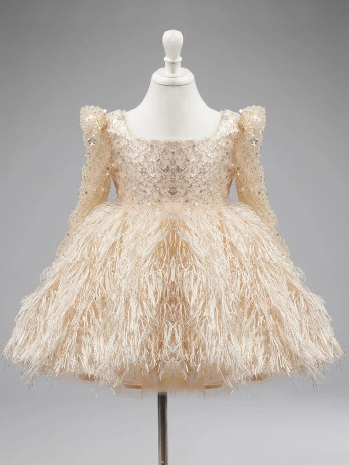 3m / Champagne Sunnypetal Shiny Sequins Tulle Feathers Knee-Length Toddler Girl Birthday Pageant Dance Dress
