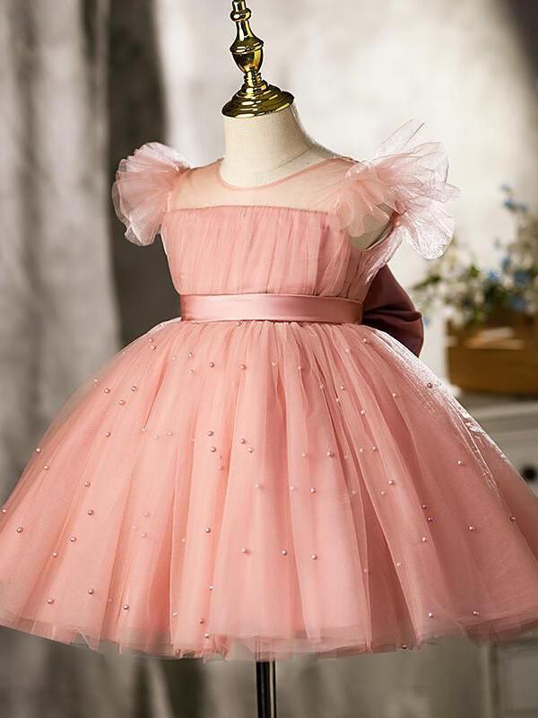 3m / Dusty Rose Sunnypetal Dusty Rose Pearls Tulle Knee-Length Flower Girl Dress