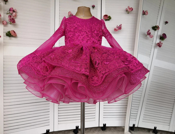 3m / Fuchsia Sunnypetal Red Lace Sparkling Knee-Length Flower Girl Dresses with Bow