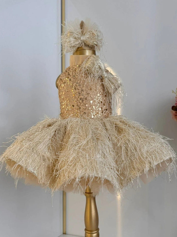 3m / Gold Sunnypetal Gold High Neck Sleeveless Flower Girl Dresses with Feathers&Sequins
