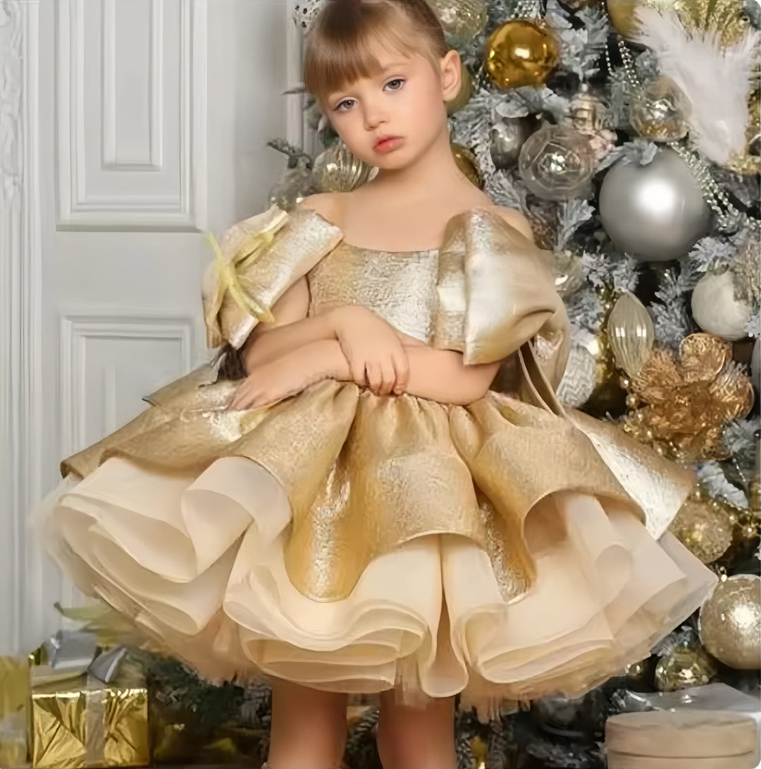 3m / Gold Sunnypetal Satin Puffy Flower Dresses Short Girls Pageant  Princess Bow Knot Birthday Party Dress