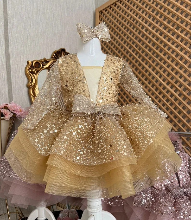 3m / Gold Sunnypetal Sparkling Gold Sequin Tulle Flower Girl Dress with Bow and Glitter Layers