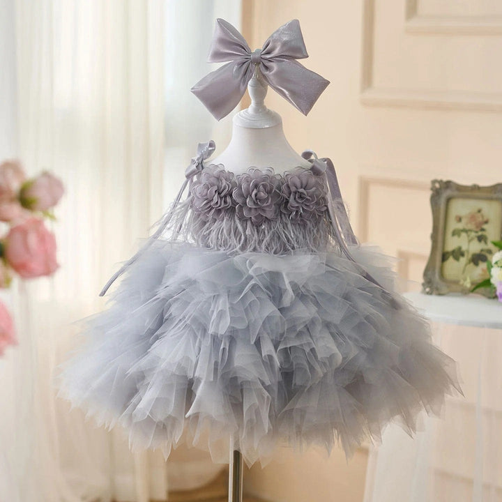 3m / Gray Sunnypetal Sleeveless Layered Tulle Flower Girl Dress with 3D Flowers and Bow