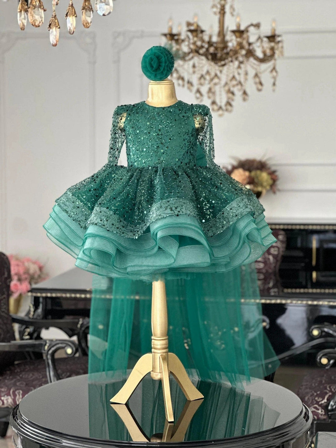 3m / Green Sunnypetal Green Shiny Sequin Knee-Length Flower Girl Dresses with Removable Train
