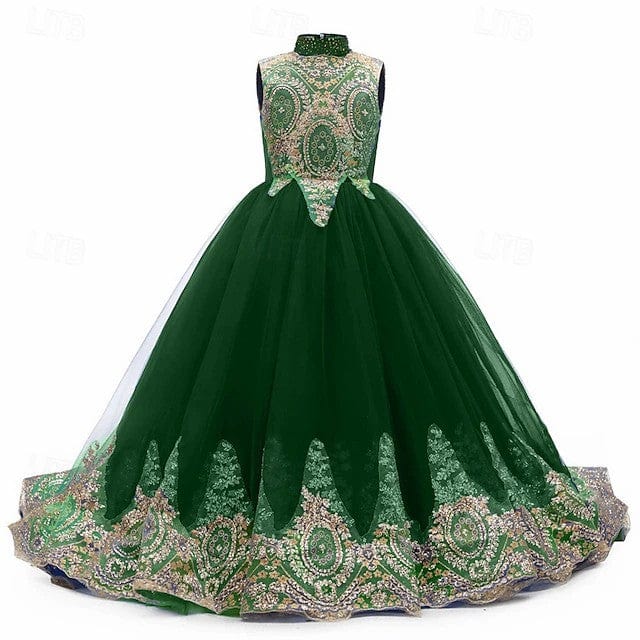 3m / Green Sunnypetal Luxury Gold Embroidered High-Neck Tulle Ball Gown Flower Girl Dress