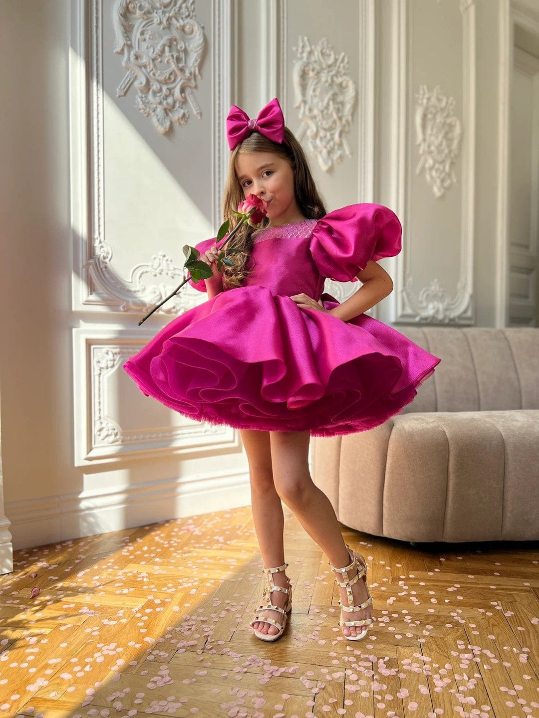 3m / Hot Pink Sunnypetal Hot Pink Puff Sleeves Tutu Dress Birthday Flower Girl Dresses