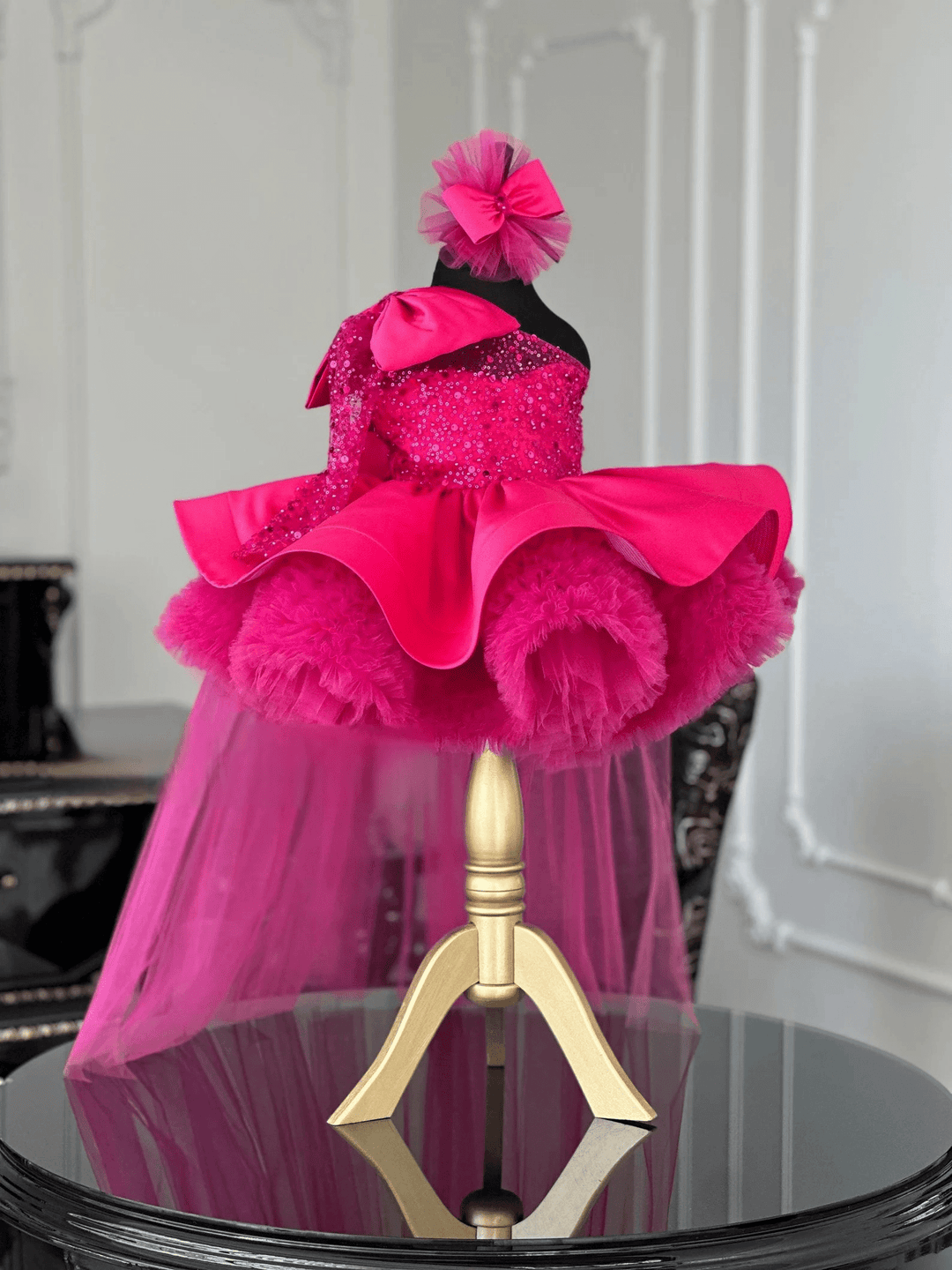 3m / Hot Pink Sunnypetal Hot Pink Sparkling Tulle Skirt Flower Girl Dress with Removable Train&Bow