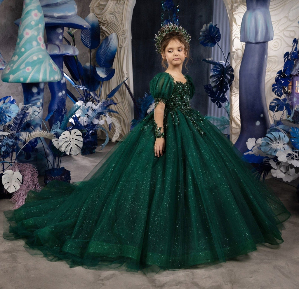 Sunnypetal Glitter Tulle Hunter Green Puff Sleeves Appliques Flower Gi –  sunnypetal