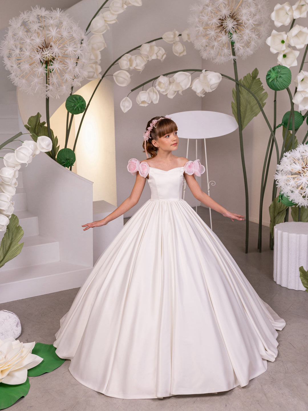 3m / Ivory Sunnypetal Elegant Sweetheart Off-the-Shoulder Satin Flower Girl Dress with 3D Floral