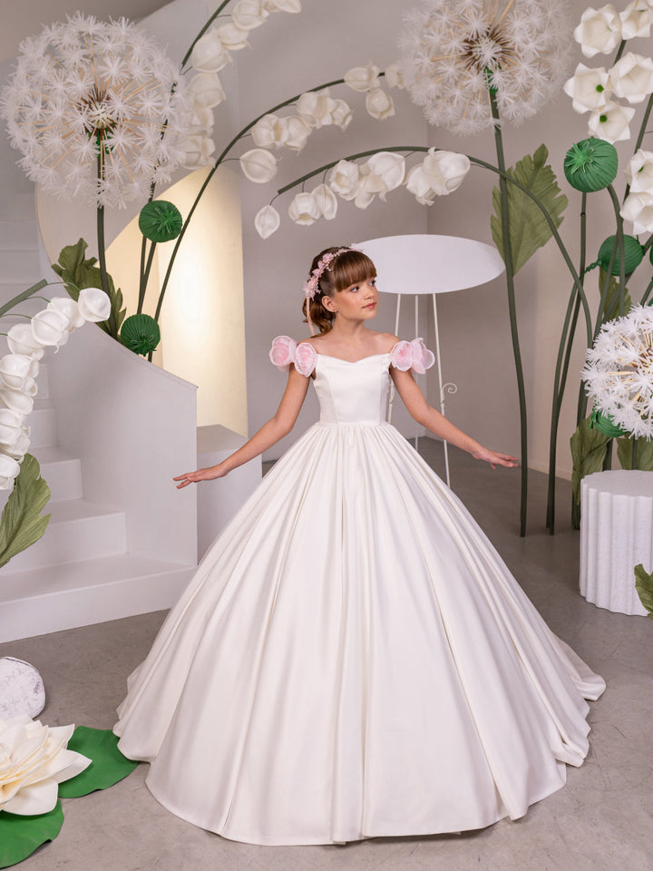 3m / Ivory Sunnypetal Elegant Sweetheart Off-the-Shoulder Satin Flower Girl Dress with 3D Floral
