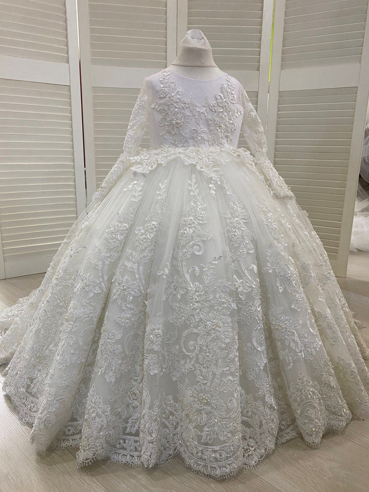 3m / Ivory Sunnypetal Elegant White Lace Train Flower Girl Gown First Communion Dress