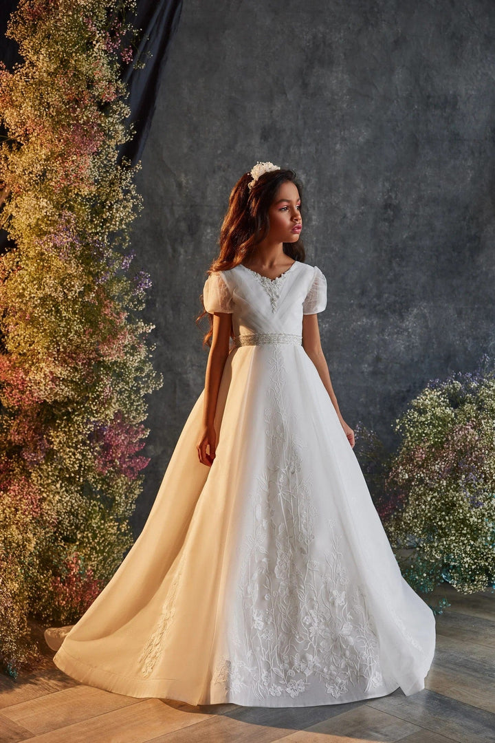 3m / Ivory Sunnypetal Embroidered Lace Puff Sleeve Elegant Flower Girl Gown