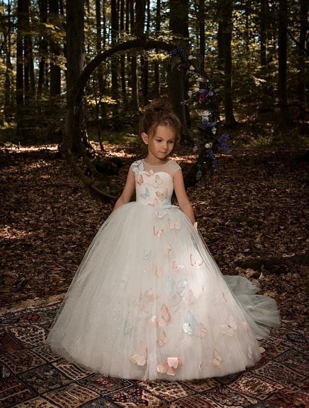 3m / Ivory Sunnypetal Enchanting Butterflys Glitter Tulle Flower Girl Dresses
