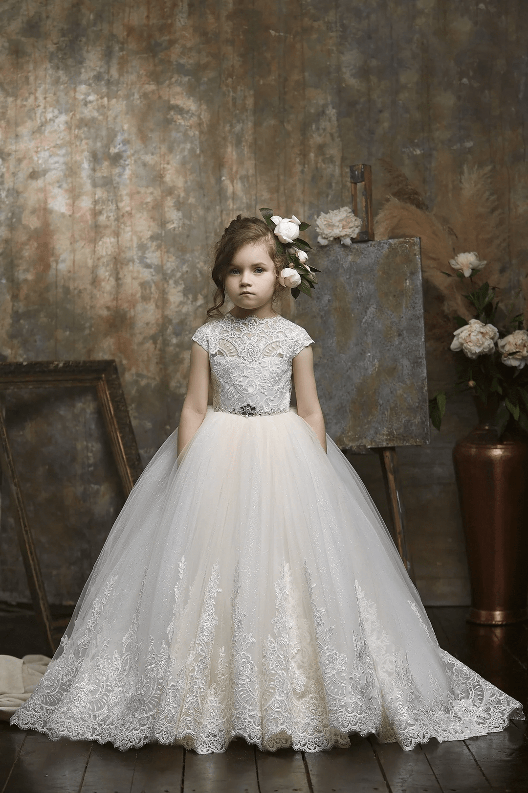3m / Ivory Sunnypetal Exquisite Cap Sleeves Lace & Tulle Flower Girl Dresses for Wedding