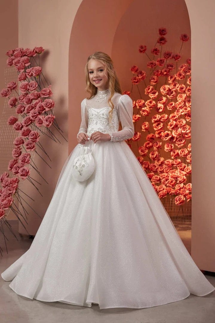 3m / Ivory Sunnypetal Glitter Tulle Long Sleeve Sequins Beaded Flower Girl Gown