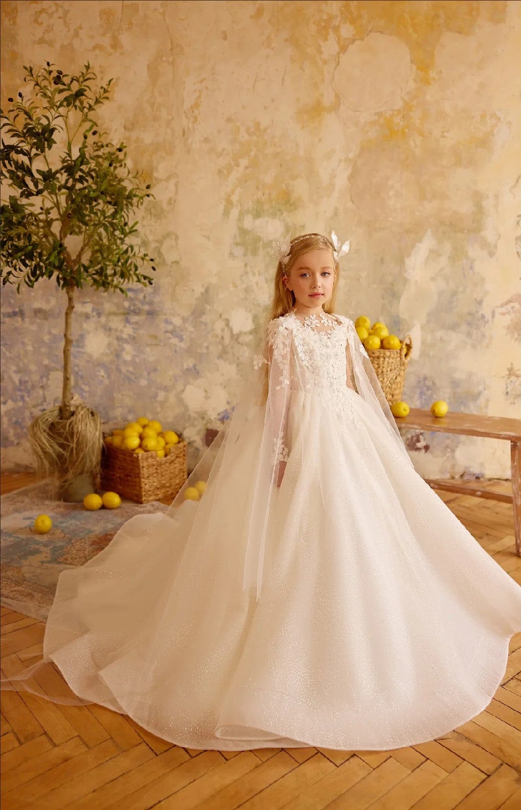 3m / Ivory Sunnypetal High-Neck Flower Girl Dress with Sheer Illusion & Flowing Cloak Sleeves