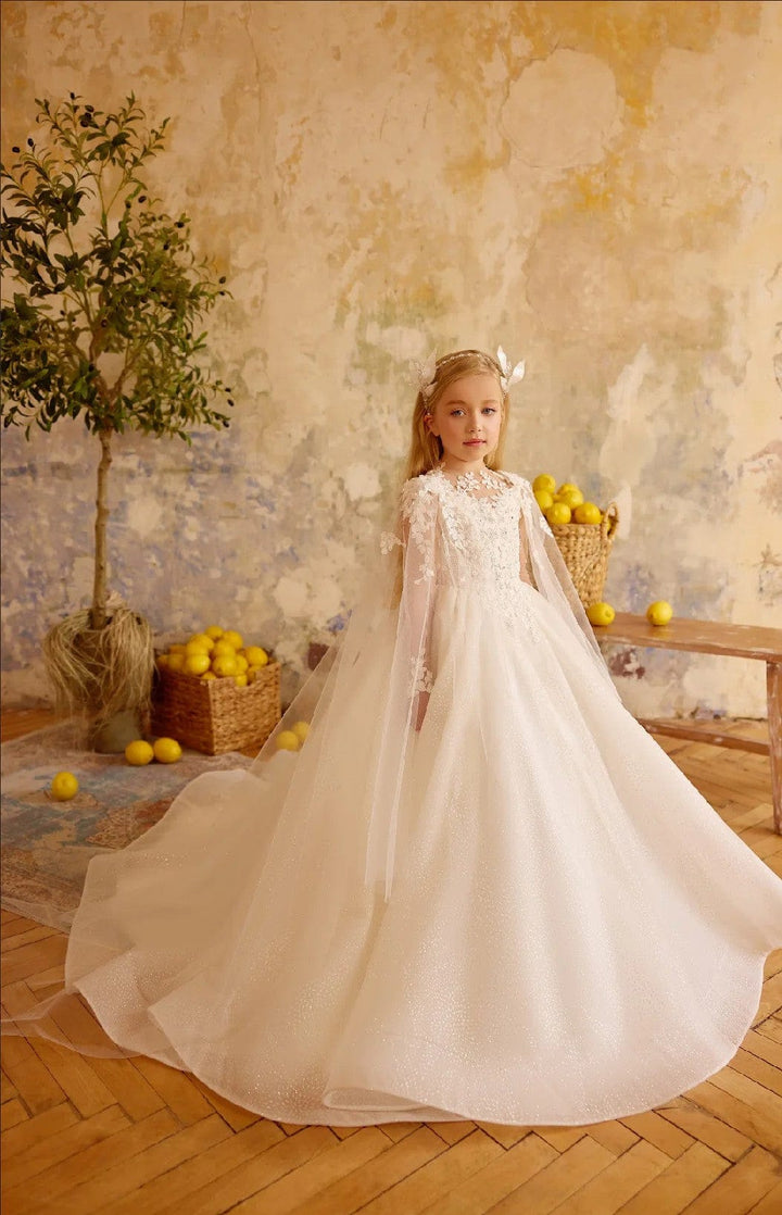 3m / Ivory Sunnypetal High-Neck Flower Girl Dress with Sheer Illusion & Flowing Cloak Sleeves