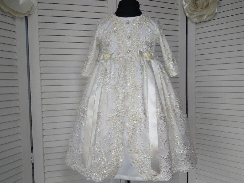 3m / Ivory Sunnypetal Ivory Satin Lace Christening Gown Girl Baby Blessing Dress