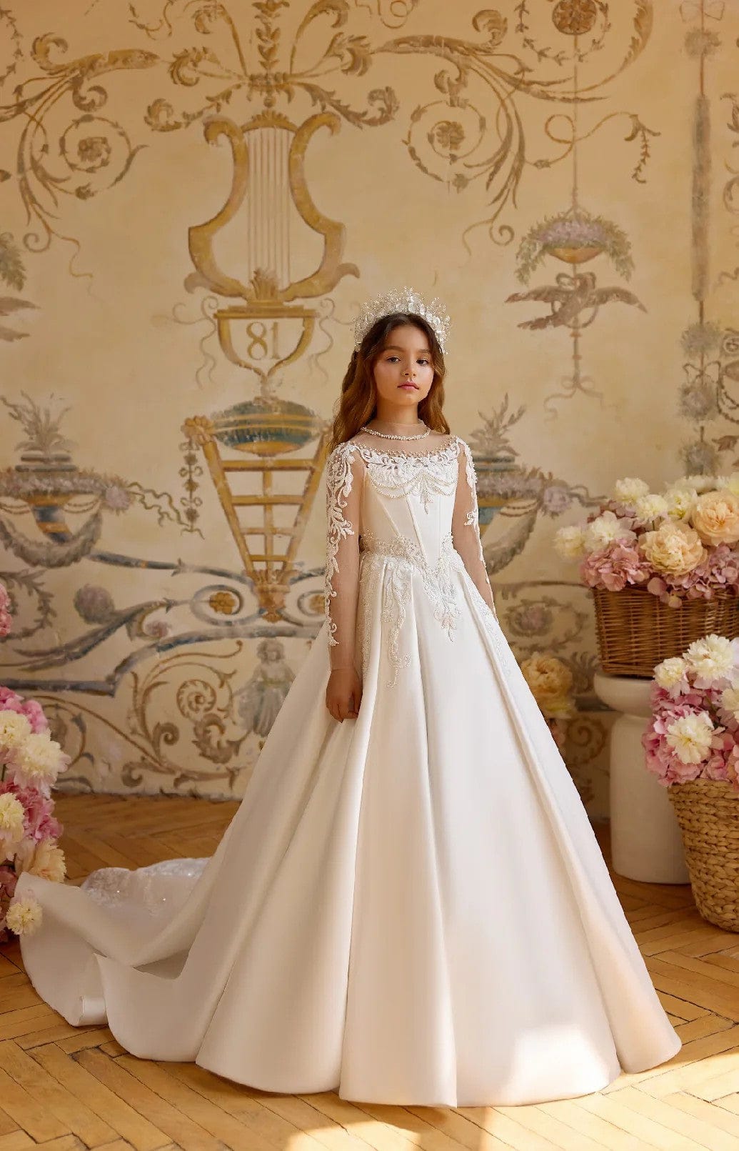 3m / Ivory Sunnypetal Ivory Satin Long Sleeve Embroidered Lace Appliques Flower Girl Dress