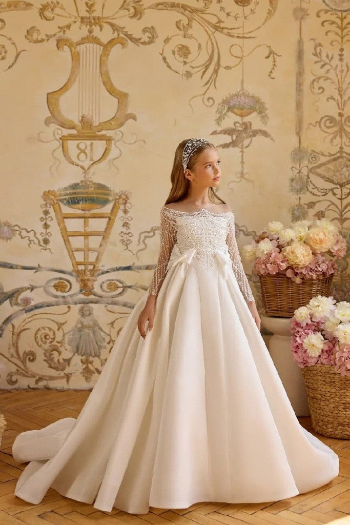 ivory communion dress Sunnypetal Satin Princess with Pearl Accents and Bow Details complemented by long sheer Calvin Klein | Dresses aidescribed Size:7-8 Yrs