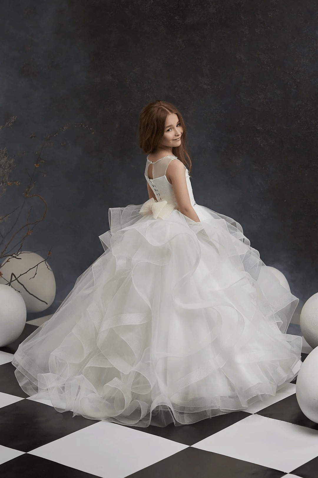 3m / Ivory Sunnypetal Ivory Sleeveless Ruffled Tulle Ball-Gown Flower Girl Dresses
