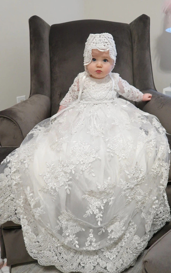 3m / Ivory Sunnypetal Long Sleeves Lace Baby Baptism Dress Christening Gown Girl