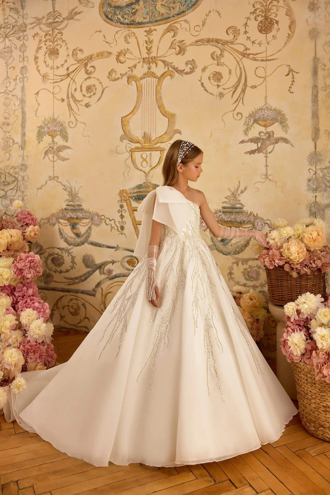 3m / Ivory Sunnypetal One-Shoulder Bow Communion Dress with Sleeves and Sparkling Beads
