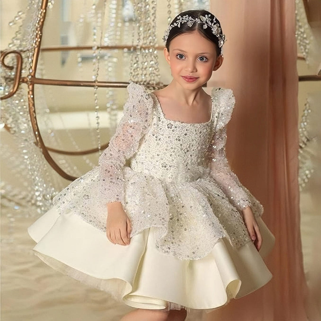 3m / Ivory Sunnypetal Pink Sequin Knee-Length Flower Girl Dresses with Satin Bow