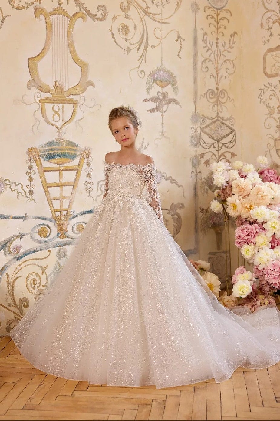 3m / Ivory Sunnypetal Princess Off-the-Shoulder Tulle First Communion Dress with Lace & Pearls