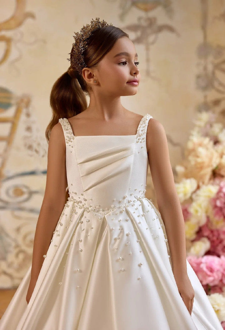3m / Ivory Sunnypetal Satin Sleeveless Square-Neck Flower Girl Ball Gown with Pearls