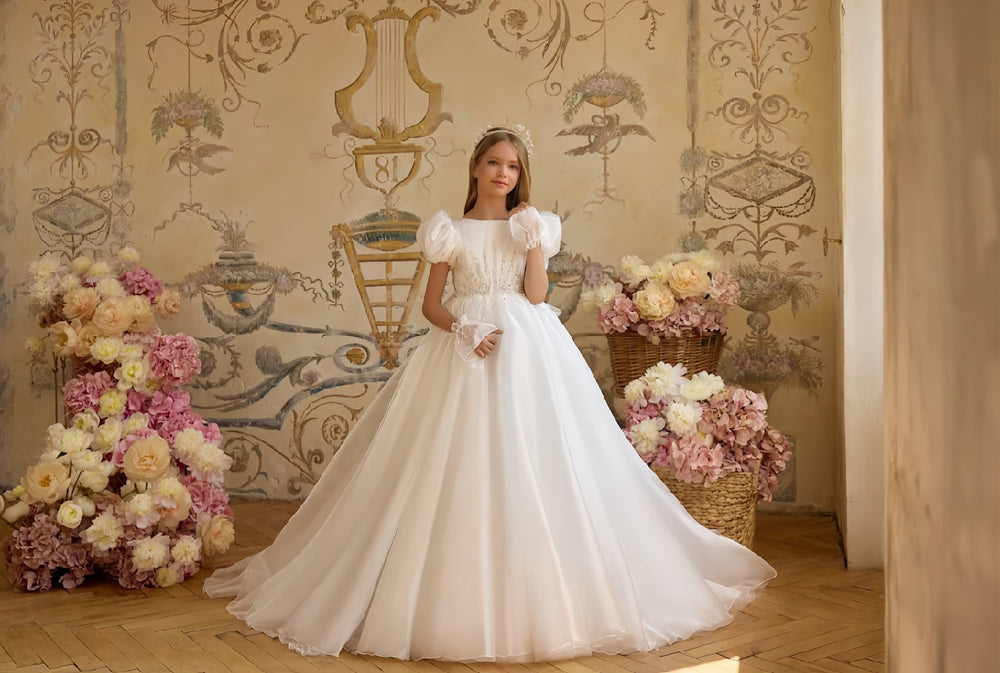 3m / Ivory without Gloves Sunnypetal Elegant Puff-Sleeve Organza Flower Girl Dress with Big Bow