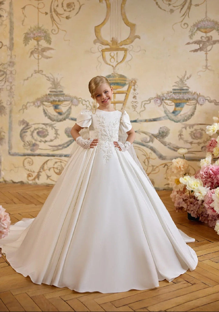 3m / Ivory without Gloves Sunnypetal Ivory Embroidered Satin Ball Gown with Regal Tulle Shoulder Capes