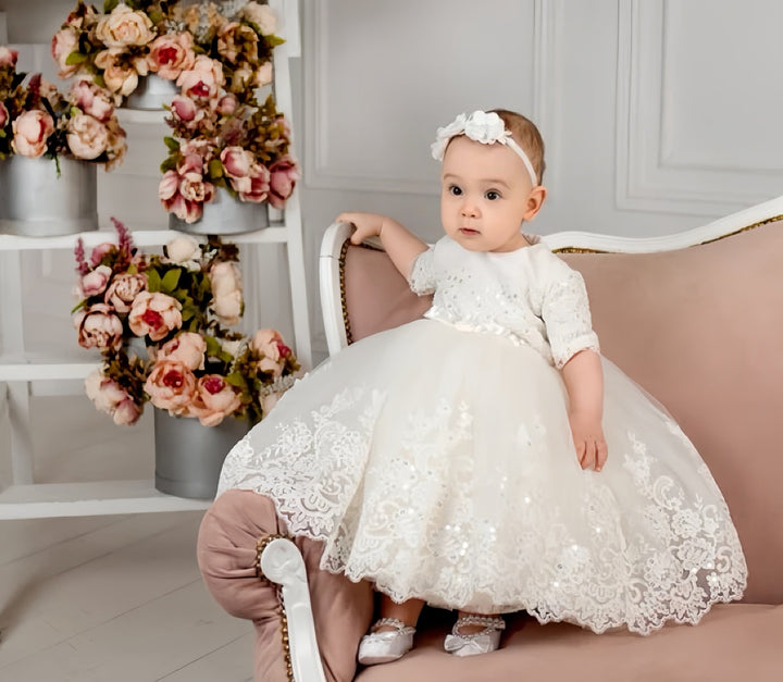 3m / Ivory Without Headdress Sunnypetal Sequin Lace Baptism Dress Christening Gown for Baby Girls