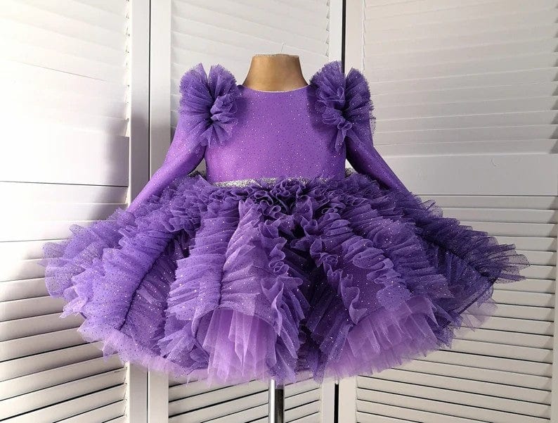 3m / Lavender Sunnypetal Shiny Fluffy Lavender Tulle Ball-Gown Flower Girl Dresses with Bow