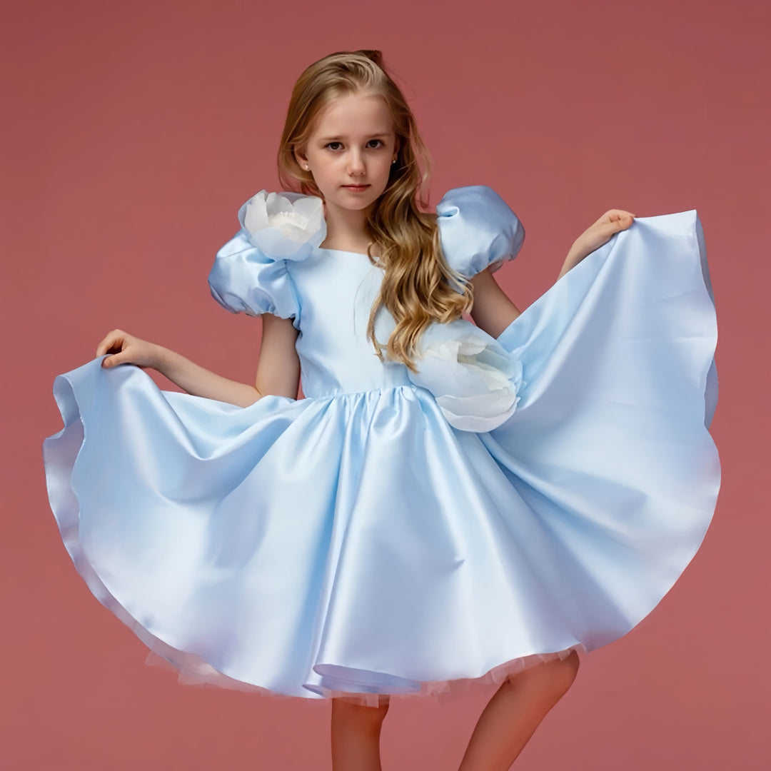 3m / Light Blue Sunnypetal Light Blue Blossom – Puff Sleeve Satin Flower Girl Dress