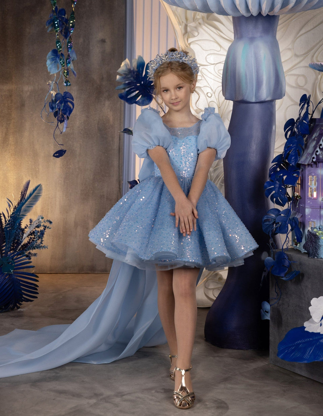 3m / Light Blue Sunnypetal Light Blue Fairy-Tale Puff Sleeves Sequins Knee-Length Birthday Dress with Big Bow