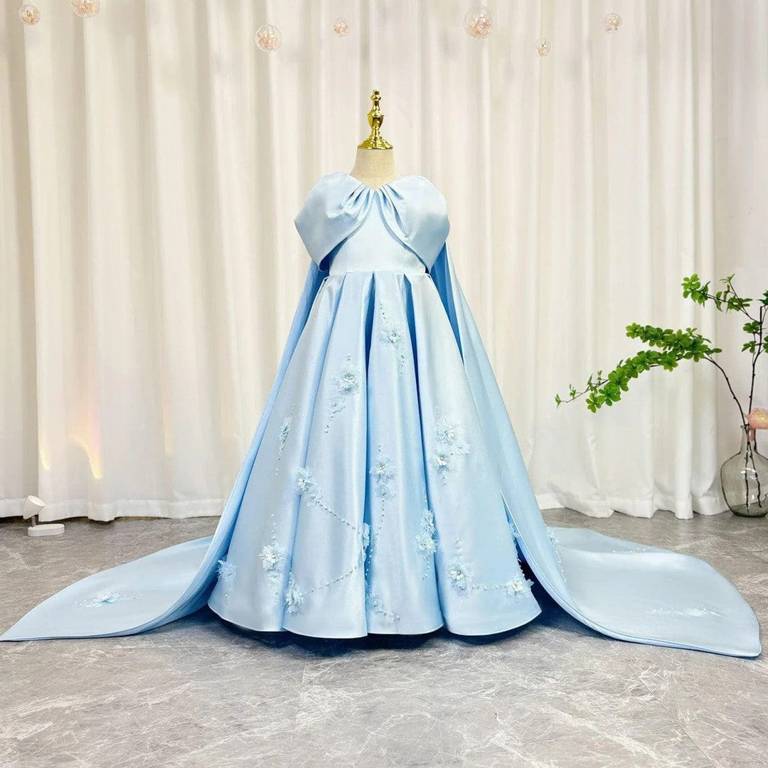 3m / Light Blue Sunnypetal Light Blue Satin Flower Girl Gown with 3D Floral Embroidery and Royal Cape Train