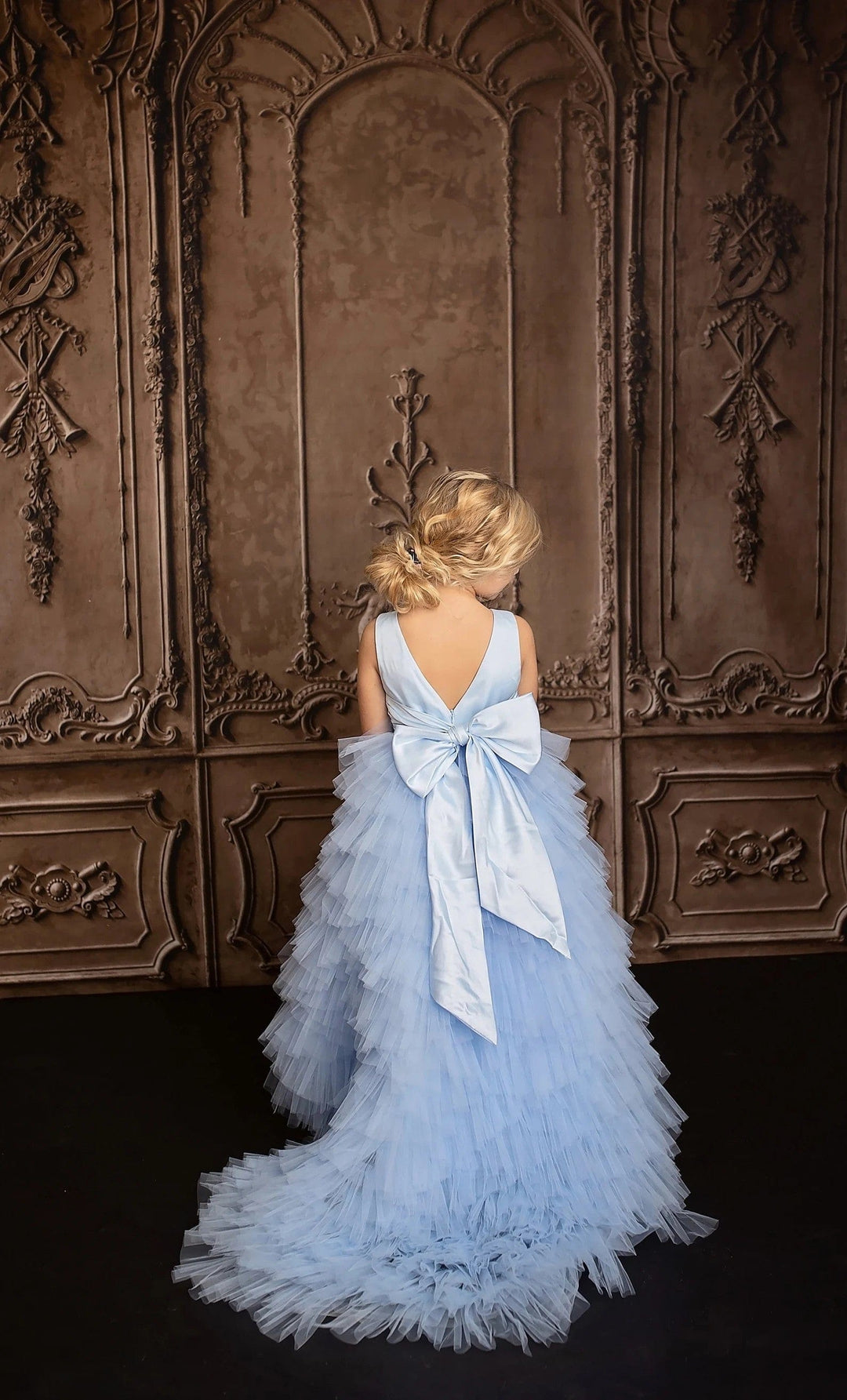 3m / Light Blue Sunnypetal Light Blue Satin/Tulle Wedding Flower Girl Dress