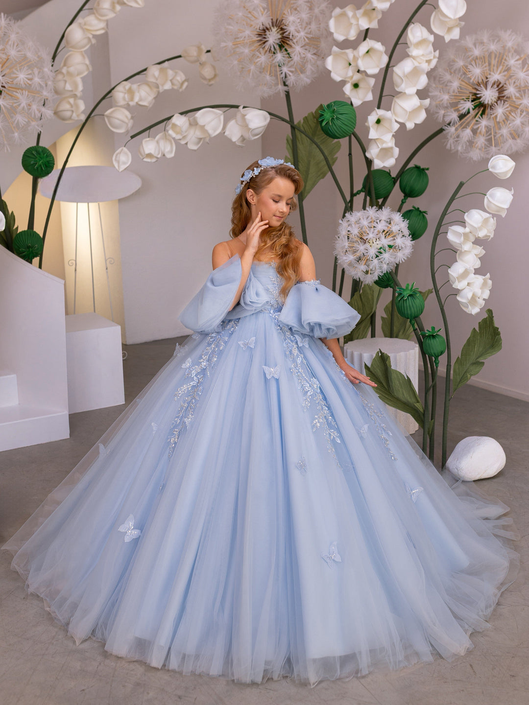 3m / Light Blue Sunnypetal Light Blue Tulle Flower Girl Ball Gown with Detachable Puff Sleeves