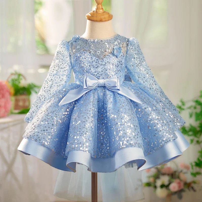 3m / Light Blue Sunnypetal Lilac Sparkle Bloom Girl Dress with Bow and Floral Tulle Train
