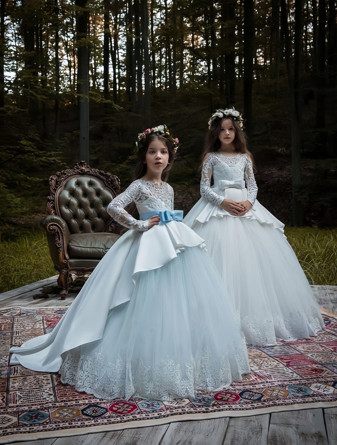 3m / Light Blue Sunnypetal Long Sleeve Lace Appliques Ball-Gown Flower Girl Dresses with Bow