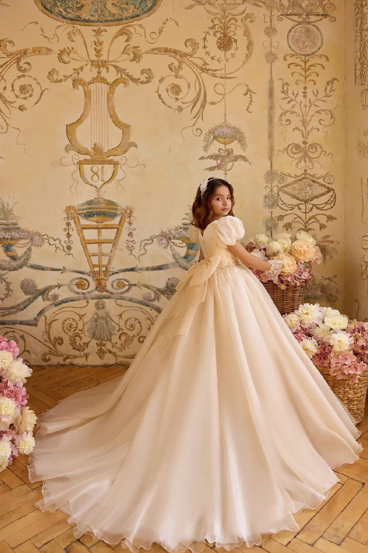 3m / Light Cappuccino without Gloves Sunnypetal Elegant Puff-Sleeve Organza Flower Girl Dress with Big Bow