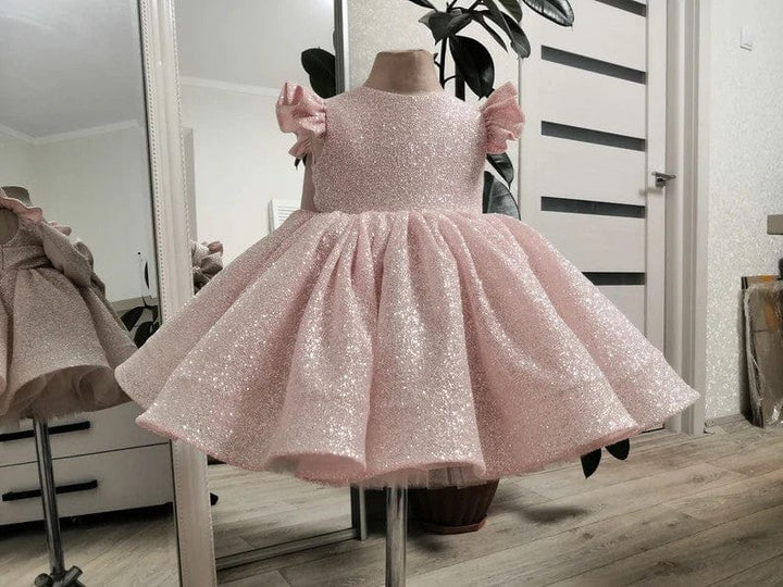 3m / Light Pink Sunnypetal Light Pink Puff Sleeves Sequined Knee-Length Baby Girl Dress