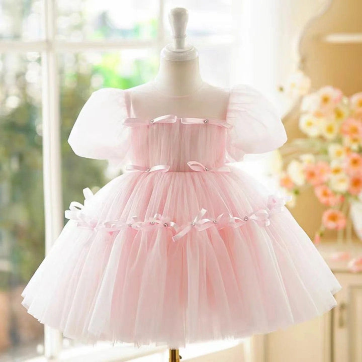 3m / Light Pink Sunnypetal Sage Green Puff Sleeves Flower Girl Dress 1st Toddler Wedding Birthday