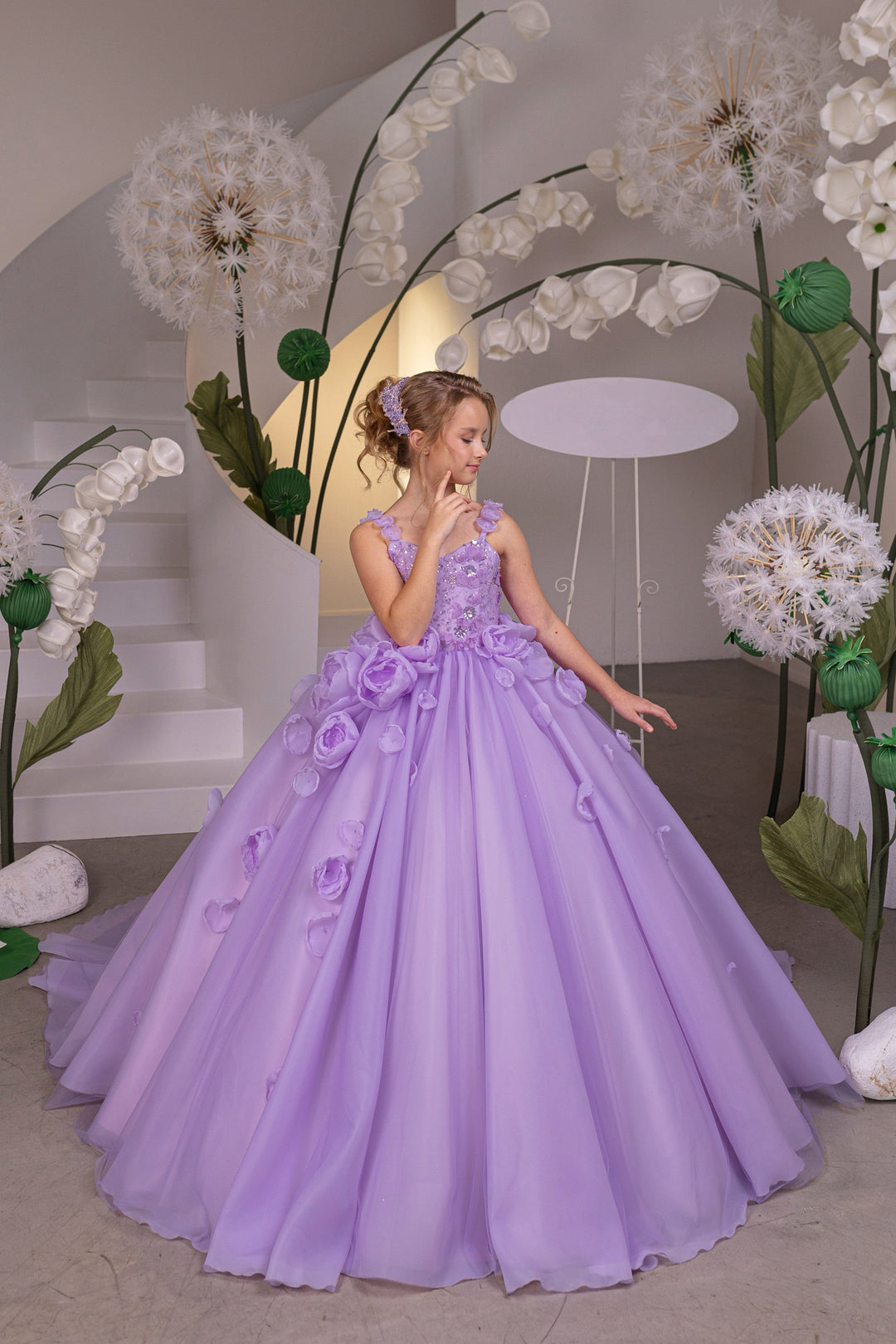 3m / Lilac Sunnypetal Elegant Lilac Sleeveless 3D Floral Princess Flower Girl Dresses